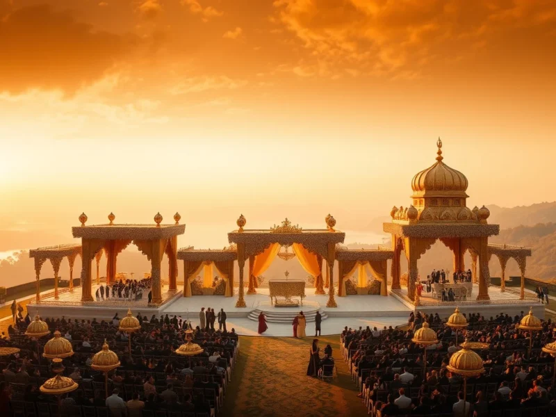 Spectacular large-scale wedding on a hilltop ground at Aamby Valley near Lonavala at golden hour