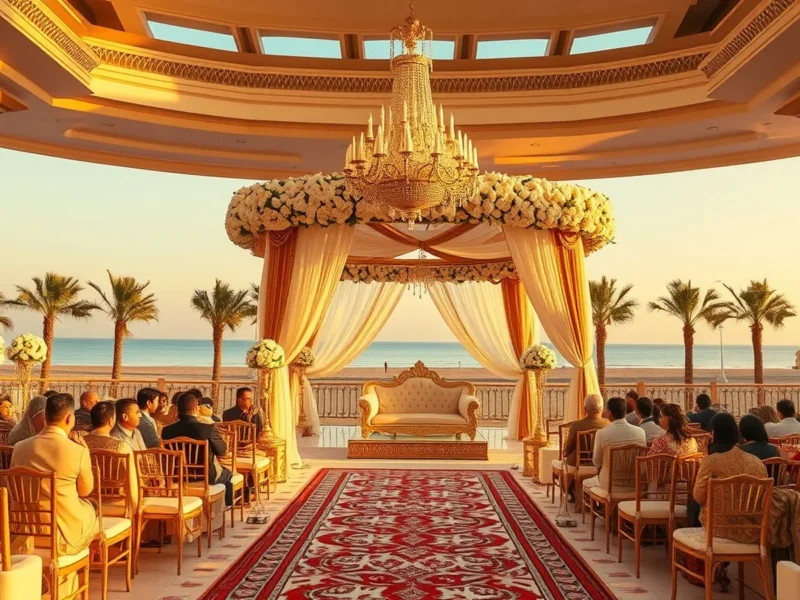 Grand Indian wedding at a palatial Abu Dhabi beachfront resort at golden hour