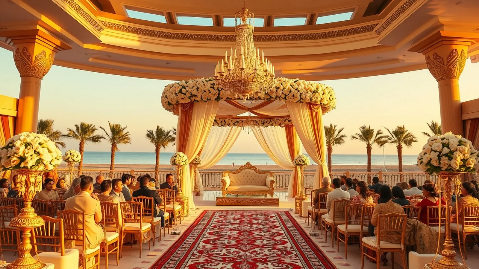 Grand Indian wedding at a palatial Abu Dhabi beachfront resort at golden hour