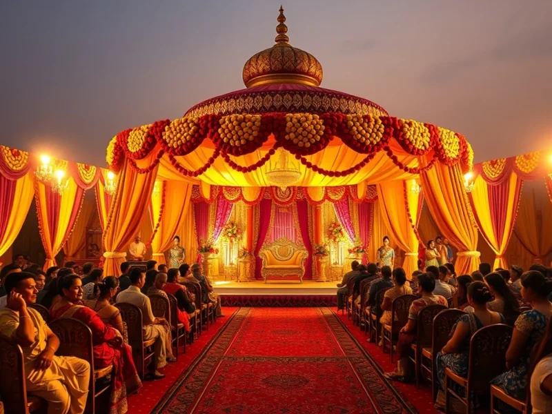 Vibrant luxury Gujarati wedding in Ahmedabad with decorated mandap at golden hour