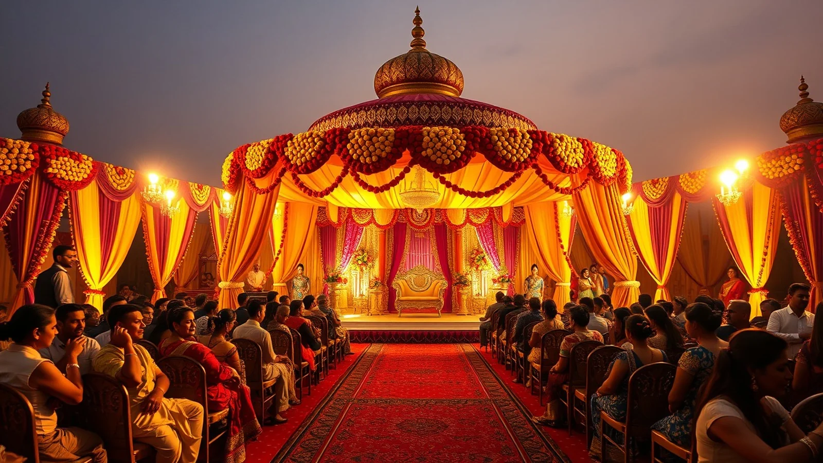 Vibrant luxury Gujarati wedding in Ahmedabad with decorated mandap at golden hour