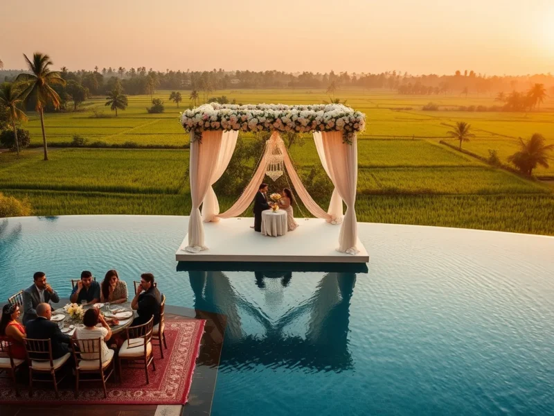 Stylish wedding beside the infinity pool overlooking paddy fields at Alila Diwa Goa at golden hour