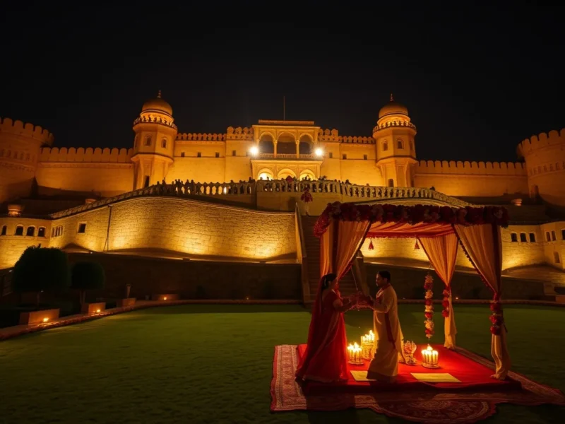 Alila Fort Bishangarh floodlit warrior fort wedding with lawn mandap at night