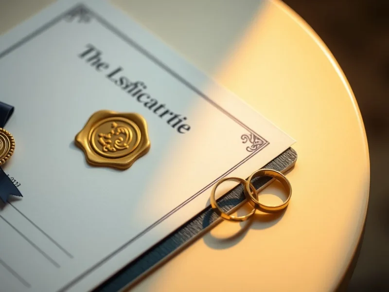 An official document with a gold seal beside a passport and wedding rings for apostille