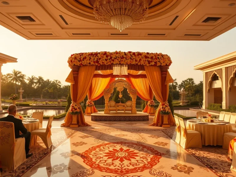 Luxury palace-hotel wedding reception in Bangalore with floral mandap at golden hour