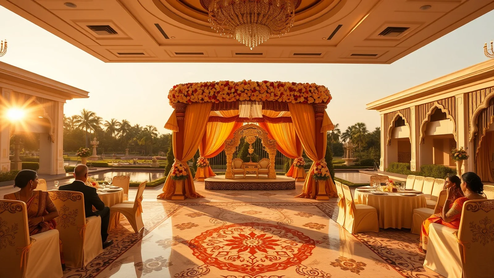 Luxury palace-hotel wedding reception in Bangalore with floral mandap at golden hour
