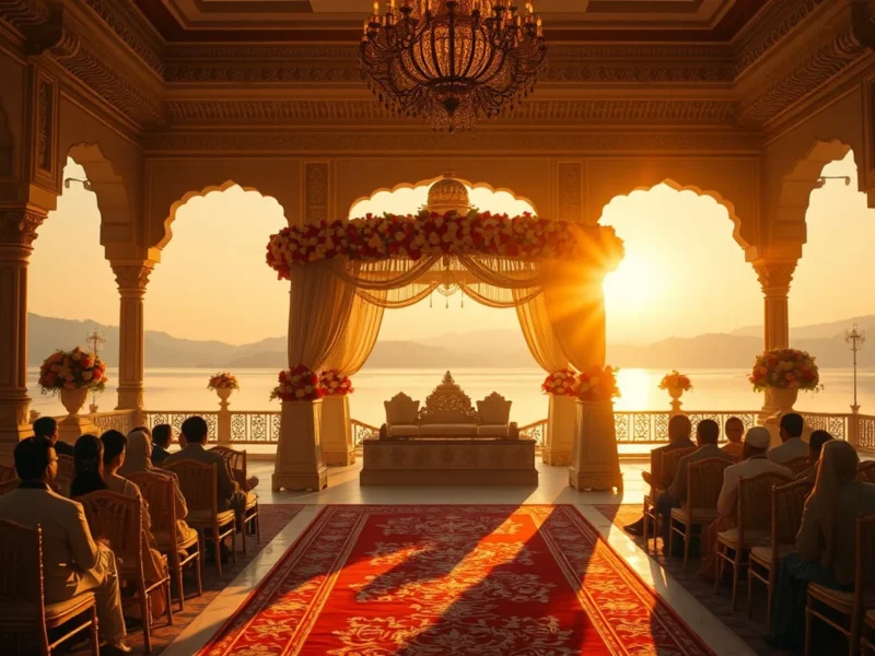 Lake palace destination wedding venue in India with floral mandap at golden hour