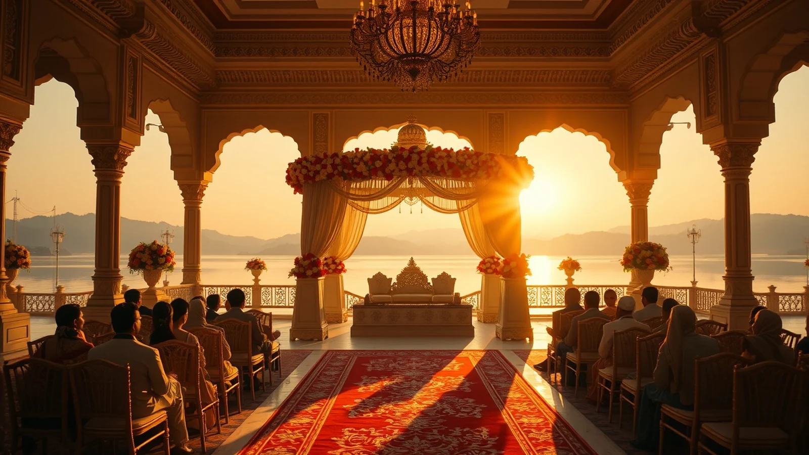 Lake palace destination wedding venue in India with floral mandap at golden hour