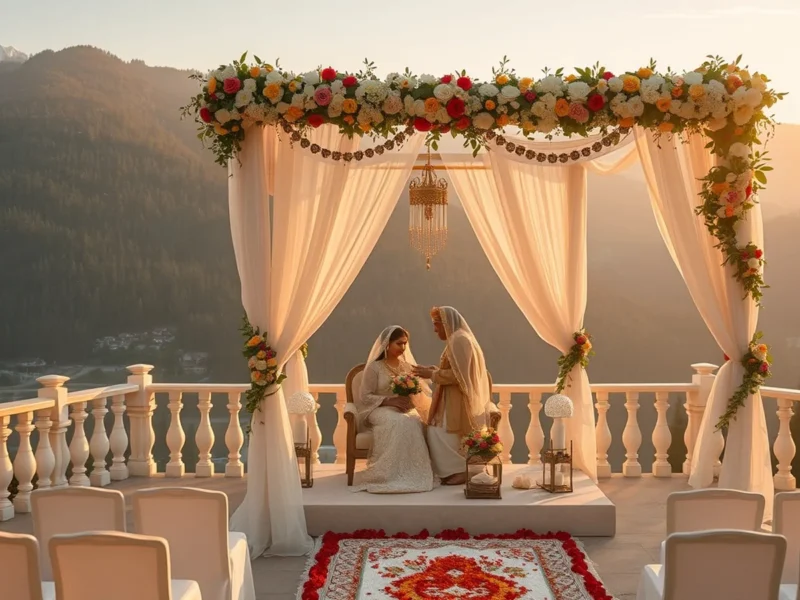 Himalayan hill station wedding venue with mountain valley views and floral mandap