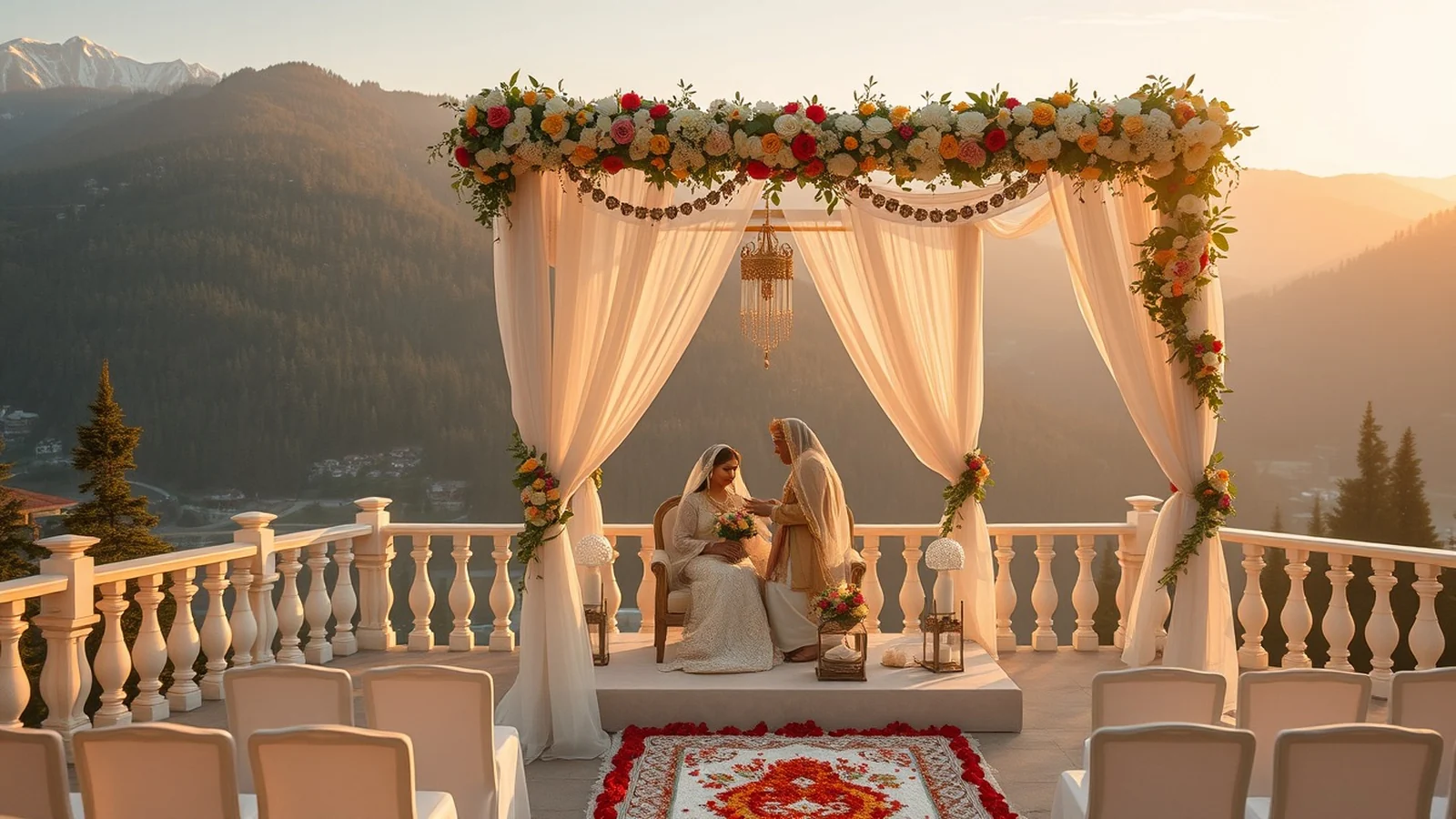 Himalayan hill station wedding venue with mountain valley views and floral mandap