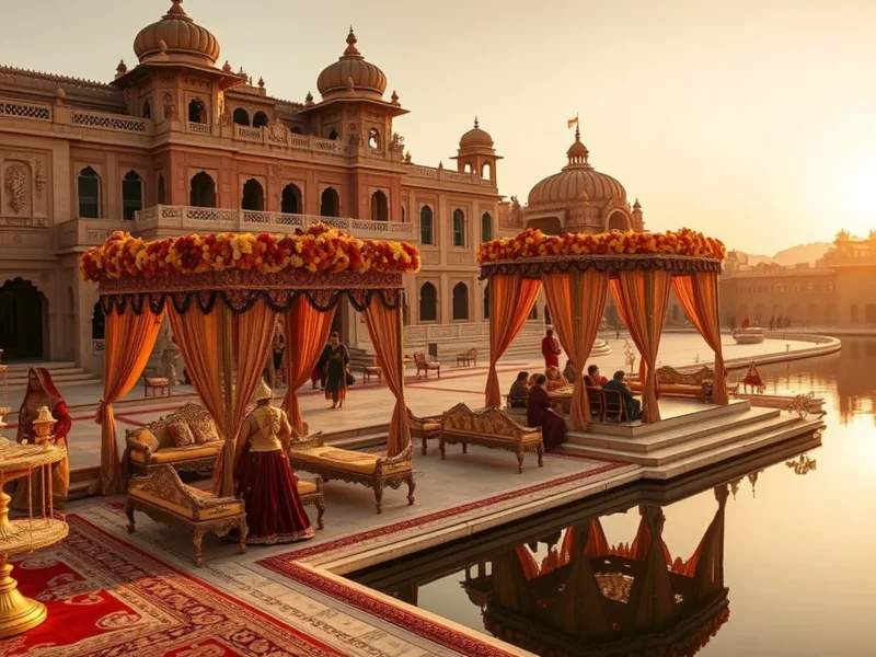 Royal palace wedding venue in Rajasthan beside a lake at golden hour