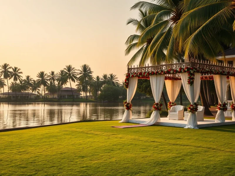 Backwater luxury wedding resort in Kerala with lakeside floral mandap
