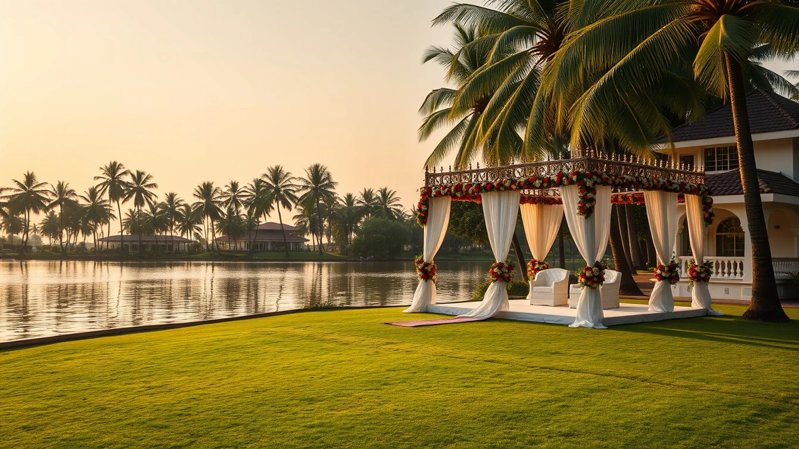 Backwater luxury wedding resort in Kerala with lakeside floral mandap