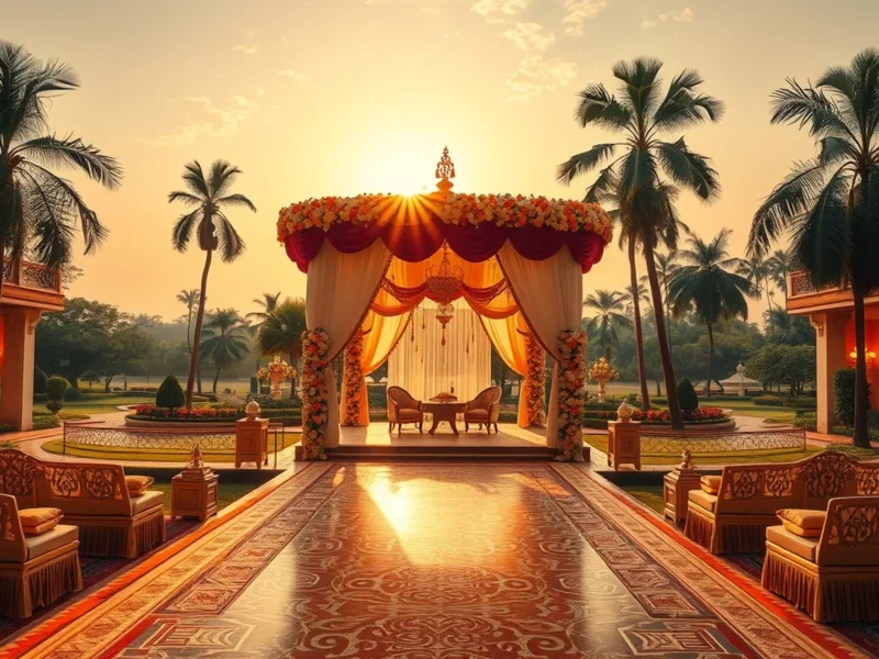 Luxury palace-hotel wedding venue in Bangalore with floral mandap and gardens at golden hour