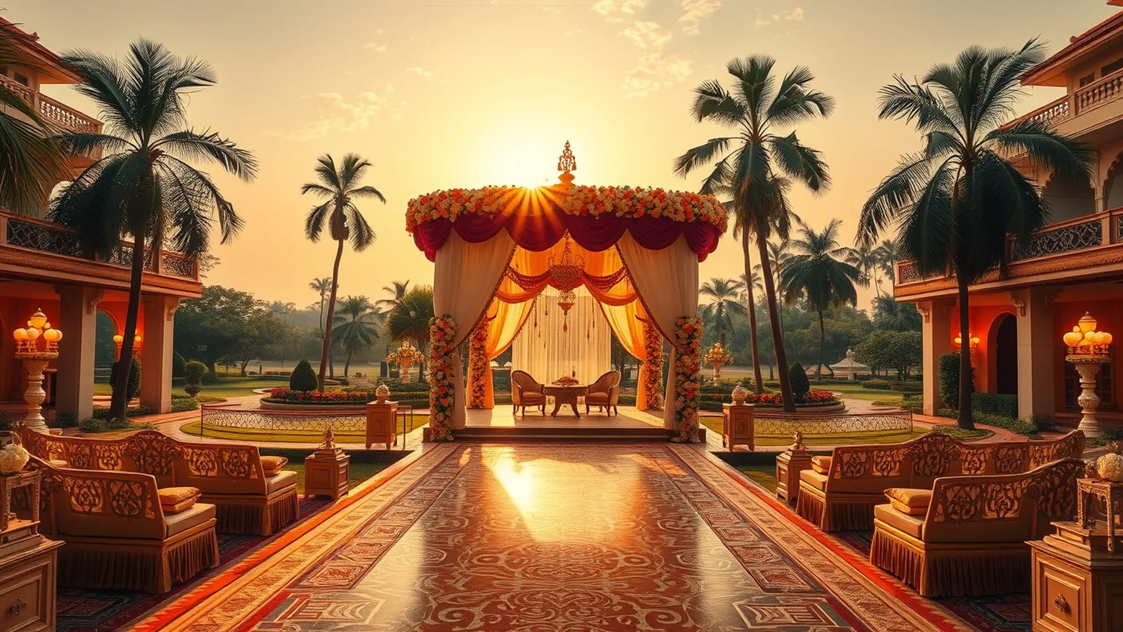 Luxury palace-hotel wedding venue in Bangalore with floral mandap and gardens at golden hour