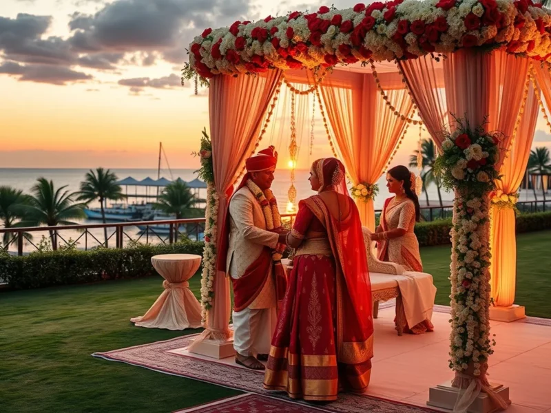 Seafront luxury wedding venue in Chennai overlooking the Bay of Bengal at sunset