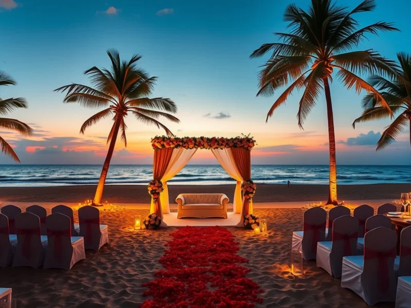 Luxury beach wedding venue in Goa with floral mandap on the sand at sunset