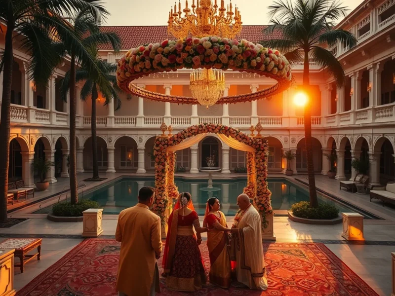 Heritage colonial hotel wedding venue in Kolkata with courtyard at golden hour
