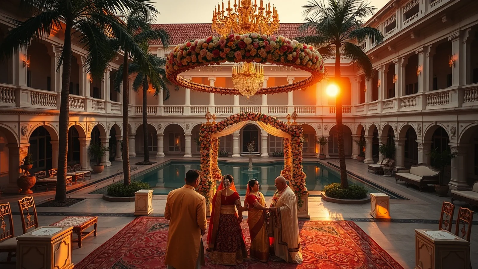 Heritage colonial hotel wedding venue in Kolkata with courtyard at golden hour