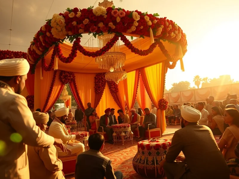 Lively luxury Punjabi wedding in Chandigarh with floral mandap at golden hour