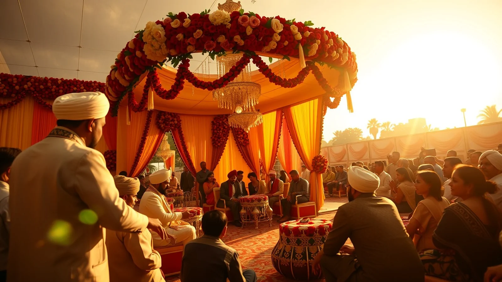 Lively luxury Punjabi wedding in Chandigarh with floral mandap at golden hour