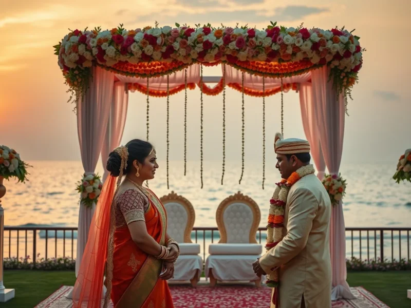 Seafront luxury South Indian wedding in Chennai overlooking the Bay of Bengal at sunset