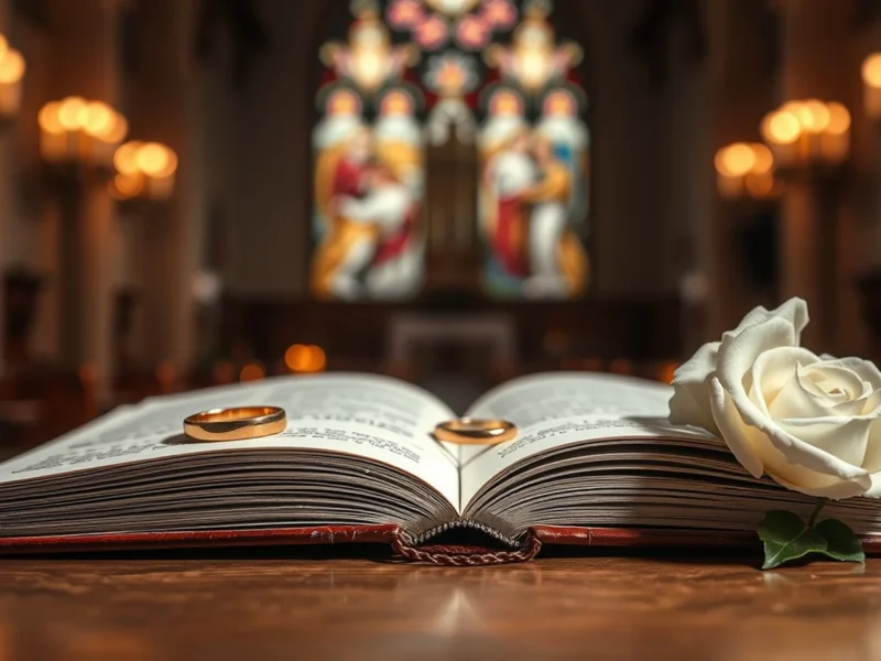 Wedding rings on an open register in a softly lit church interior