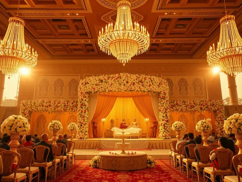 Grand luxury Delhi wedding with chandeliers and floral mandap at golden hour
