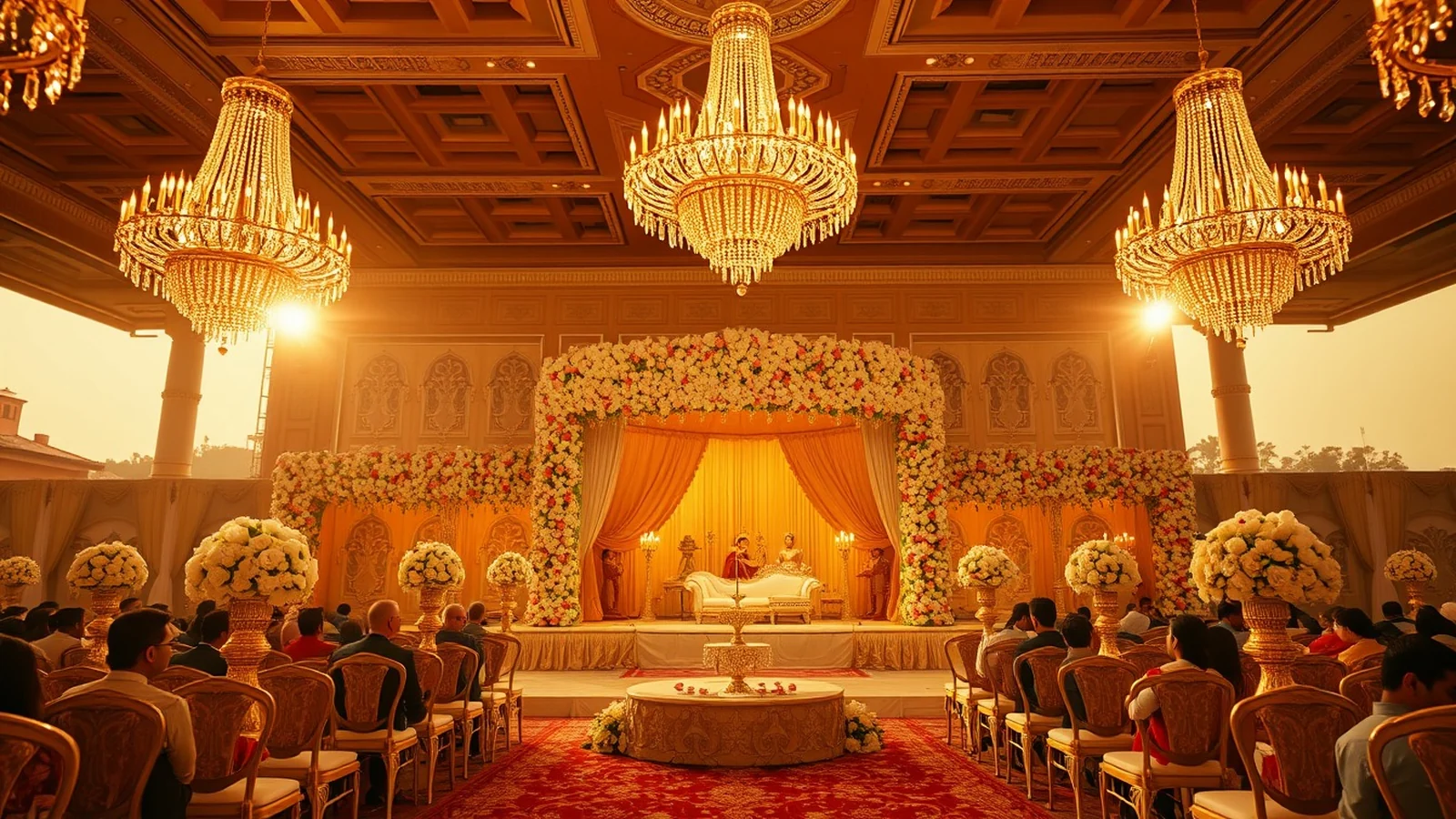 Grand luxury Delhi wedding with chandeliers and floral mandap at golden hour