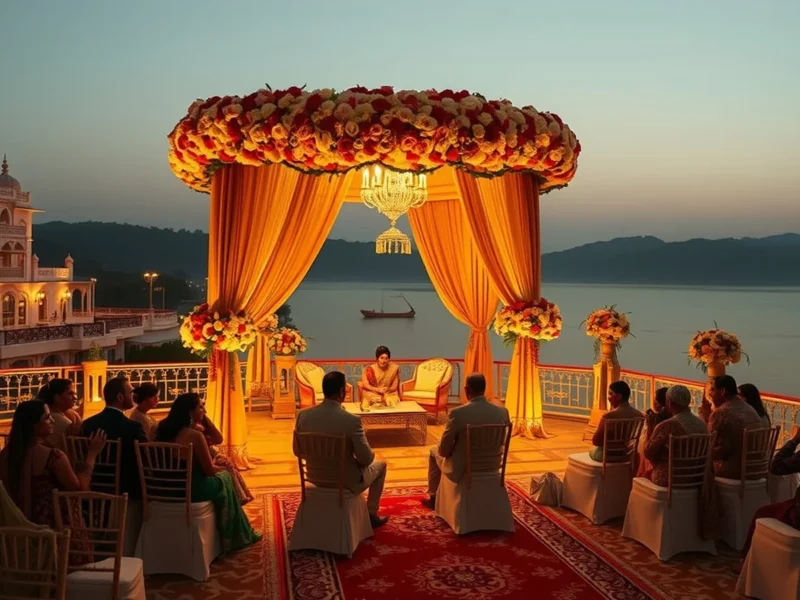 Luxury Indian destination wedding at a scenic palace by water at golden hour