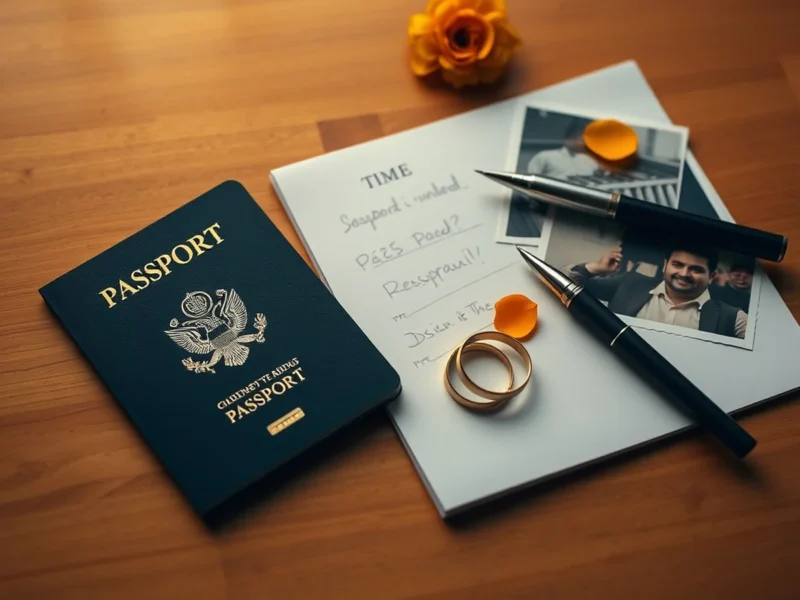 Flat-lay of marriage registration documents, a passport, photos, pen and rings