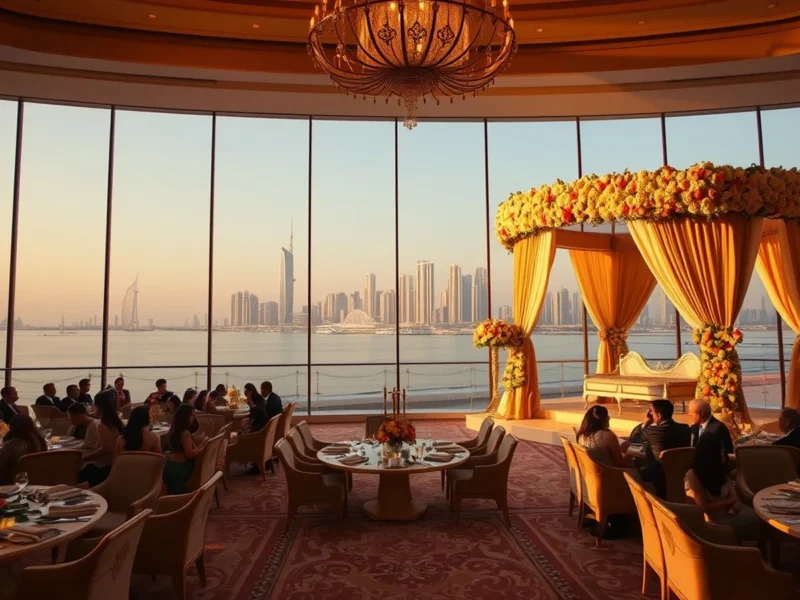 Luxury Indian wedding at a five-star Dubai hotel with floral mandap at golden hour
