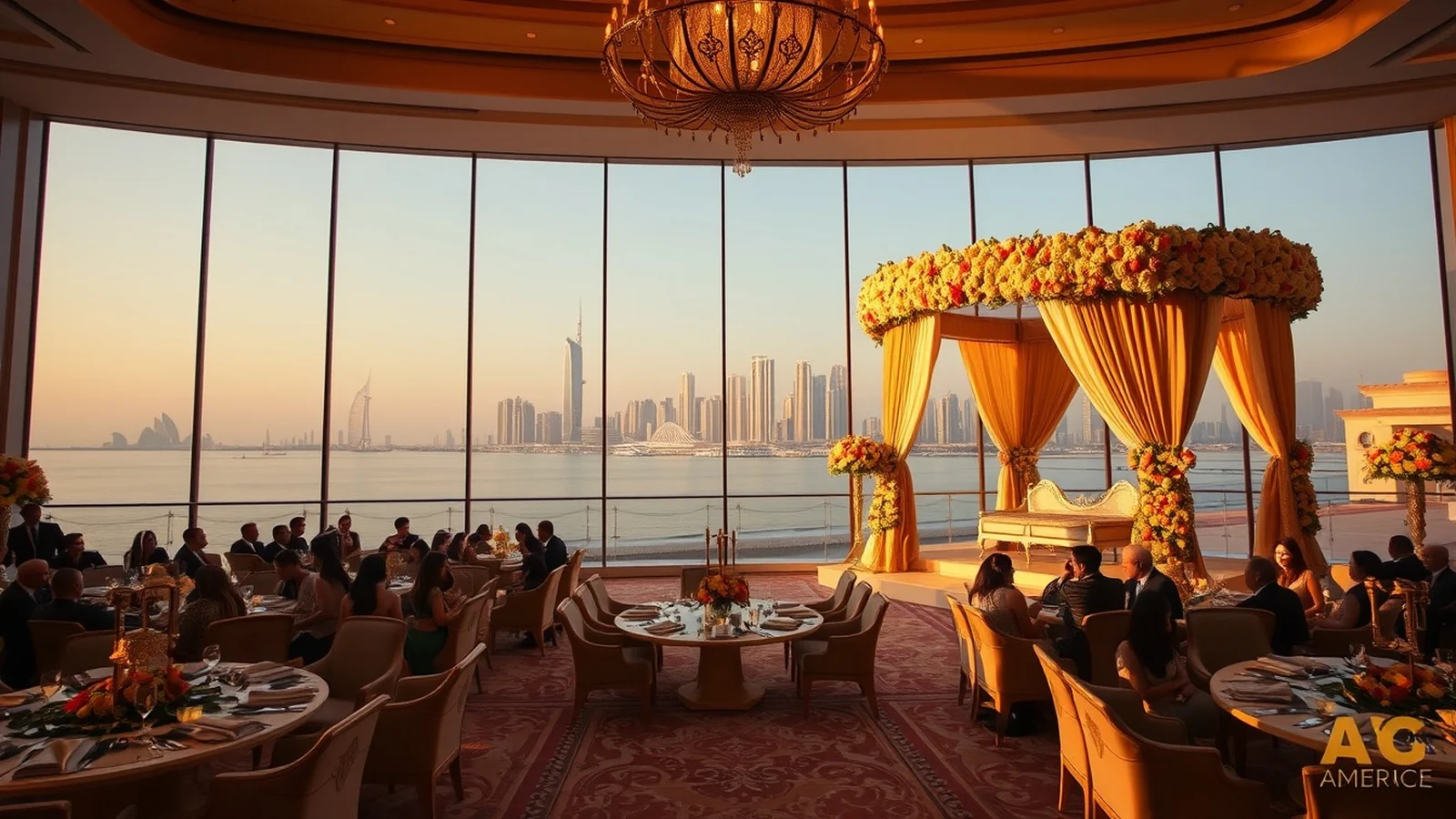 Luxury Indian wedding at a five-star Dubai hotel with floral mandap at golden hour