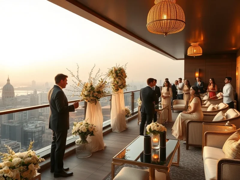 Glamorous Indian wedding cocktail on the AER rooftop at Four Seasons Mumbai at golden hour