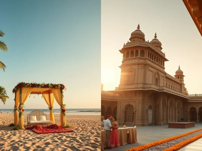 Goa beach wedding vs Rajasthan palace wedding comparison at golden hour