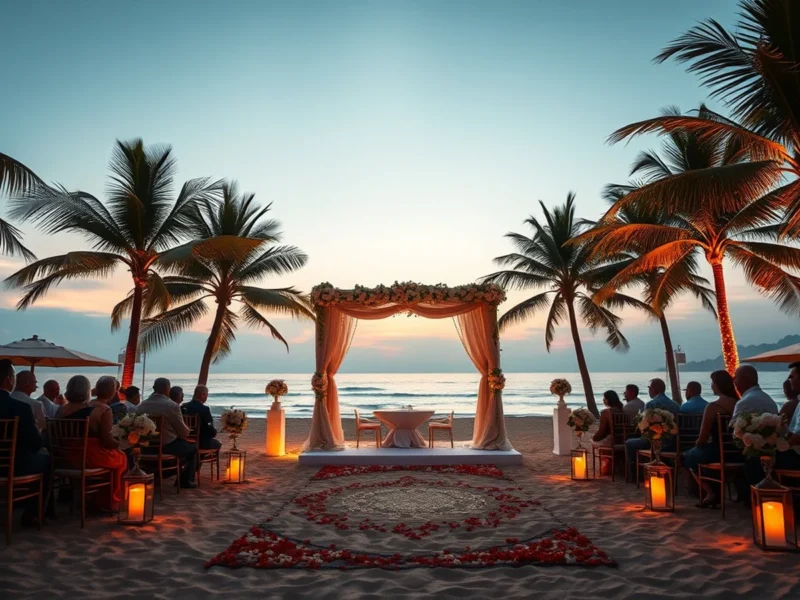 Luxury beach wedding at a Goa resort with floral mandap on the sand at sunset