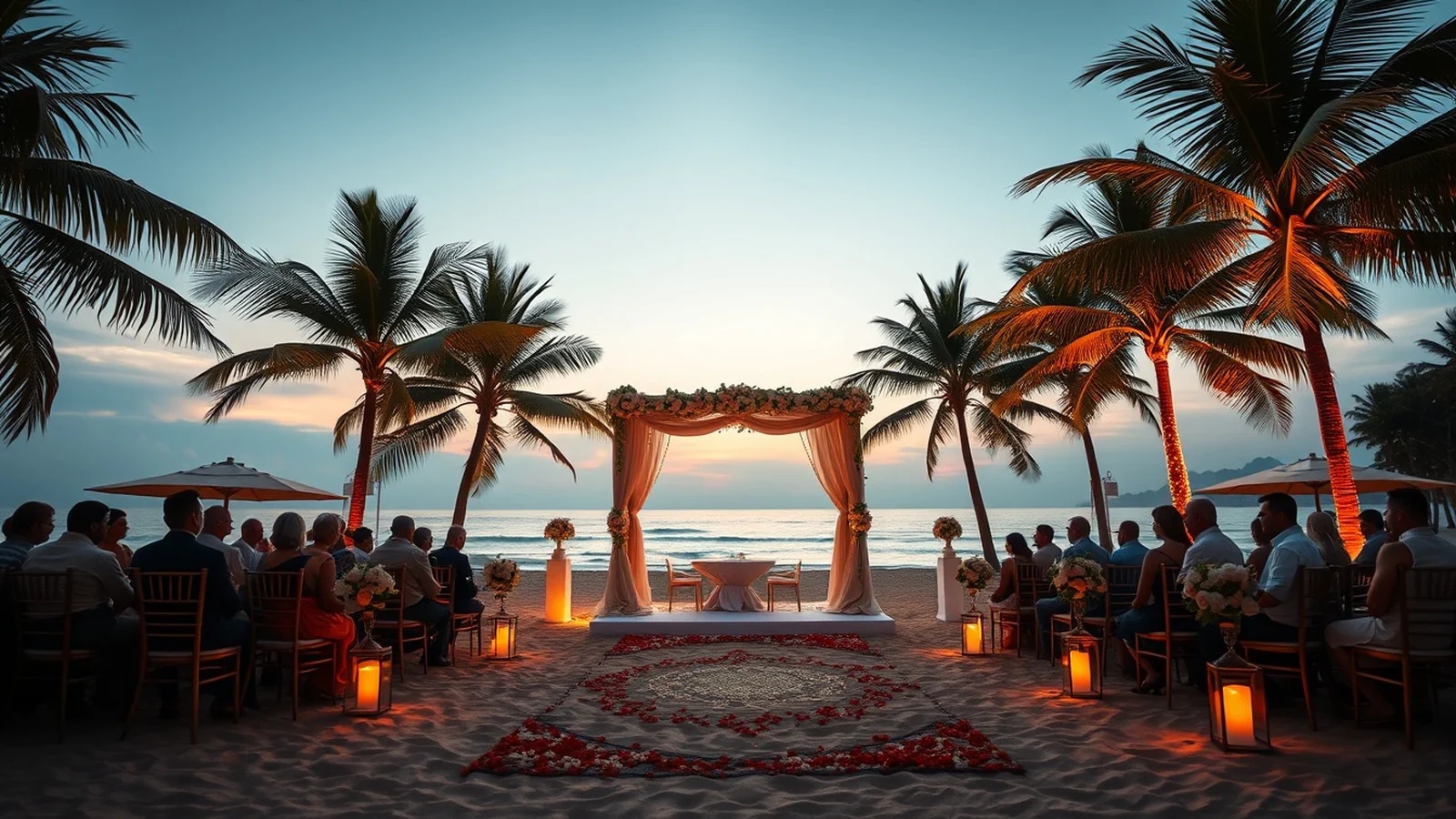 Luxury beach wedding at a Goa resort with floral mandap on the sand at sunset