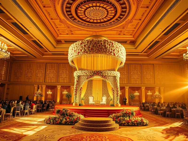 Large Indian wedding in the grand ballroom at Grand Hyatt Mumbai at golden hour