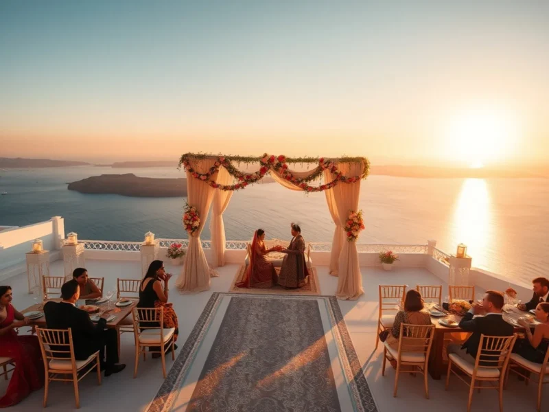 Luxury Indian wedding at a Santorini clifftop venue in Greece at golden hour