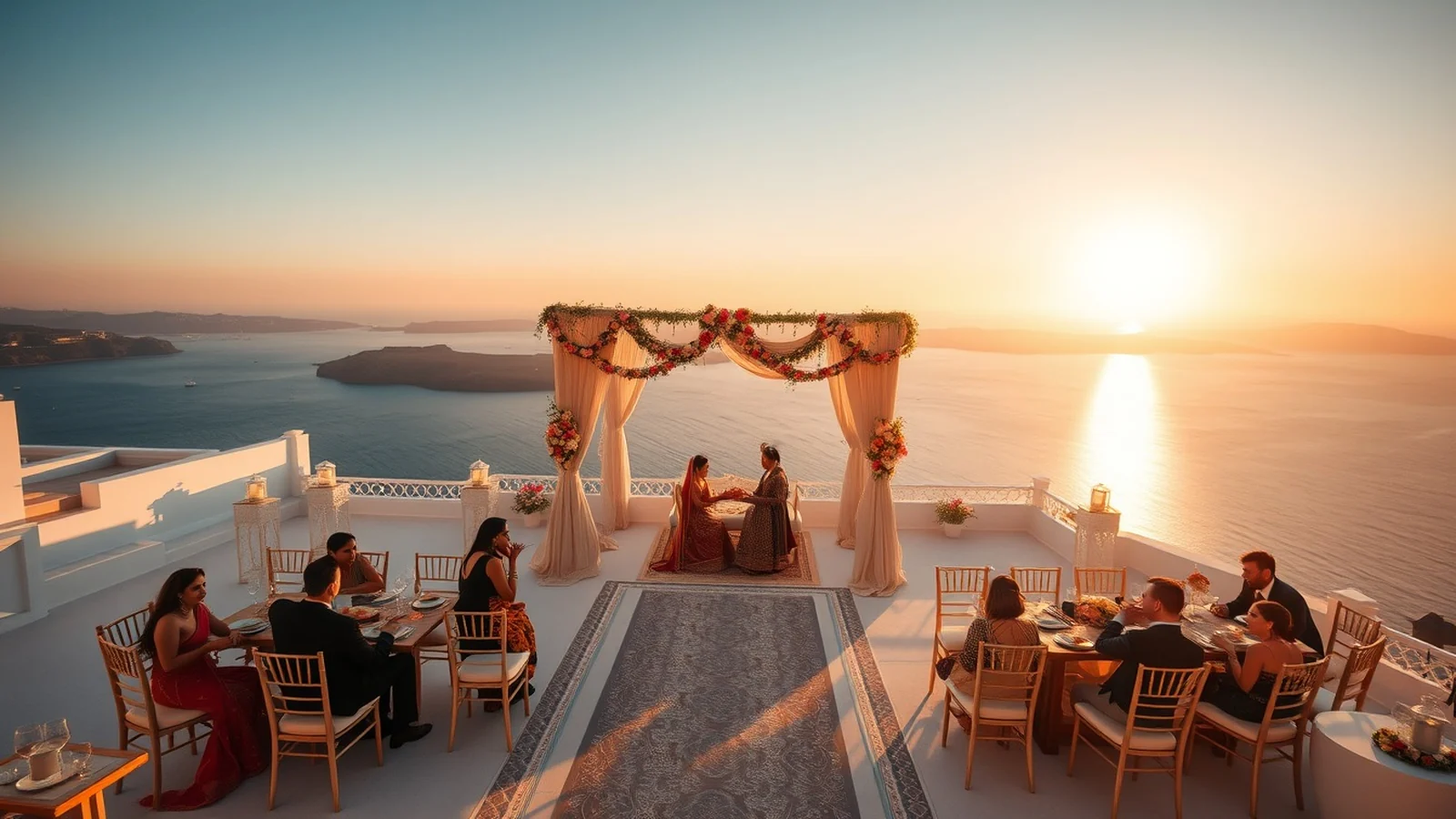 Luxury Indian wedding at a Santorini clifftop venue in Greece at golden hour