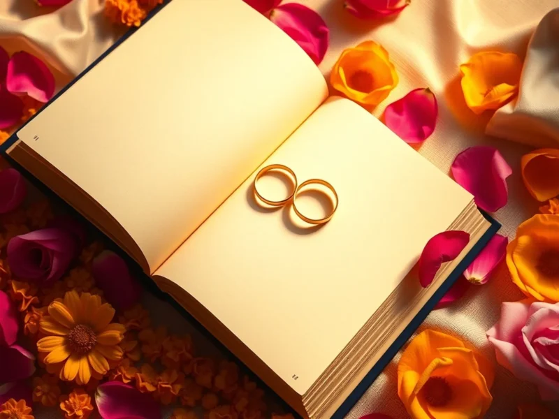 Gold wedding rings on a register book with marigold petals