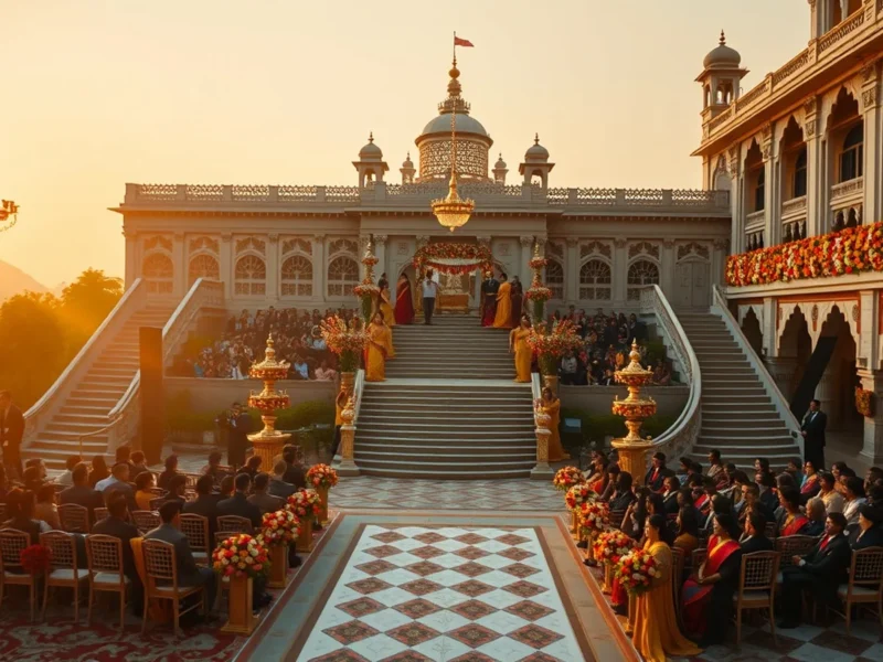 Luxury Hyderabad palace wedding with grand courtyard and floral mandap at golden hour