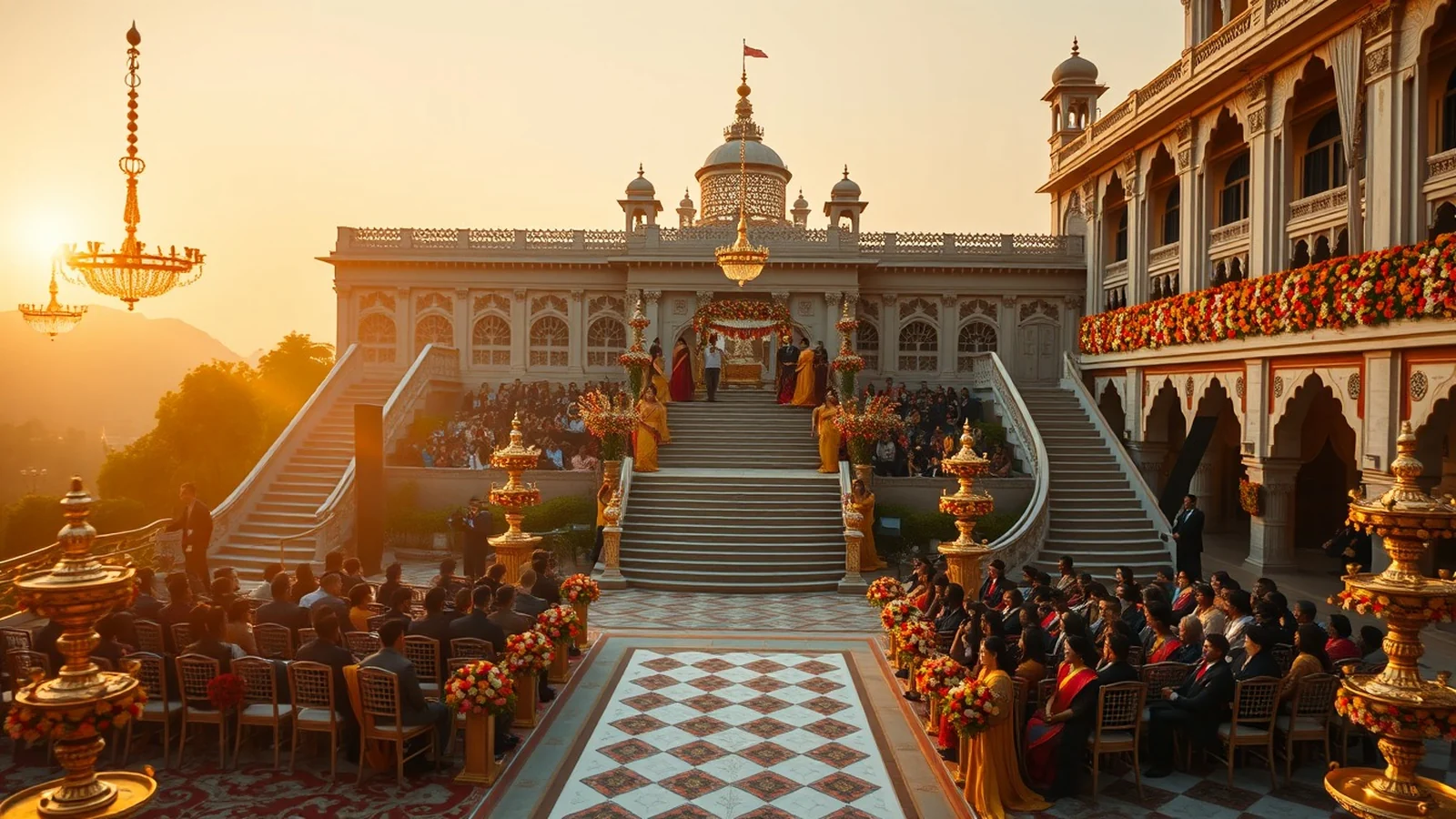 Luxury Hyderabad palace wedding with grand courtyard and floral mandap at golden hour