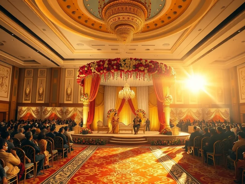 Grand Indian wedding in the Hyderabad Marriott Convention Centre hall at golden hour