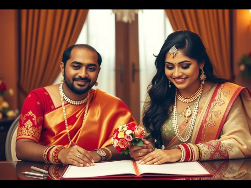 An Indian couple of different backgrounds signing the marriage register together