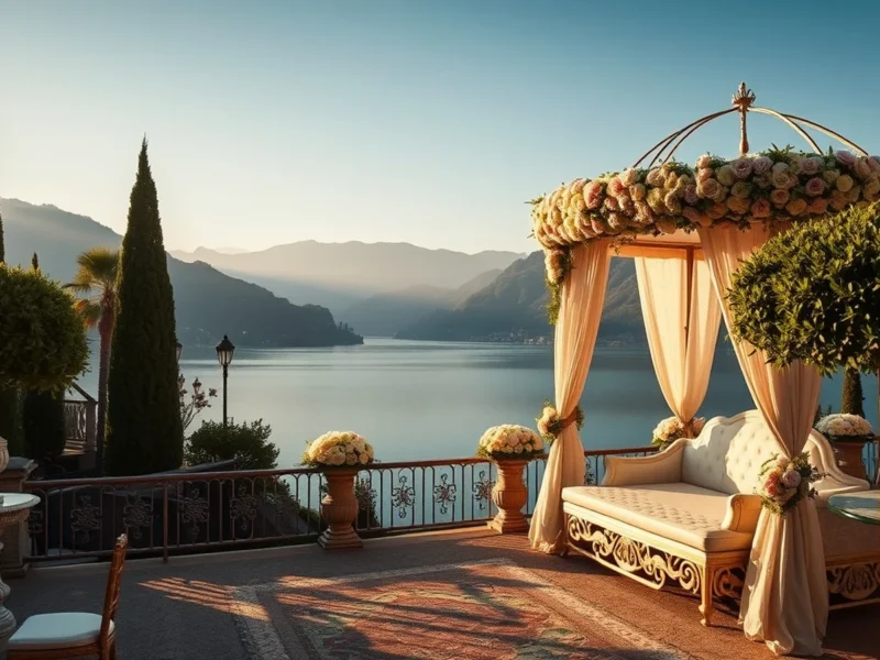 Lake Como Italy lakeside villa destination wedding mandap at golden hour
