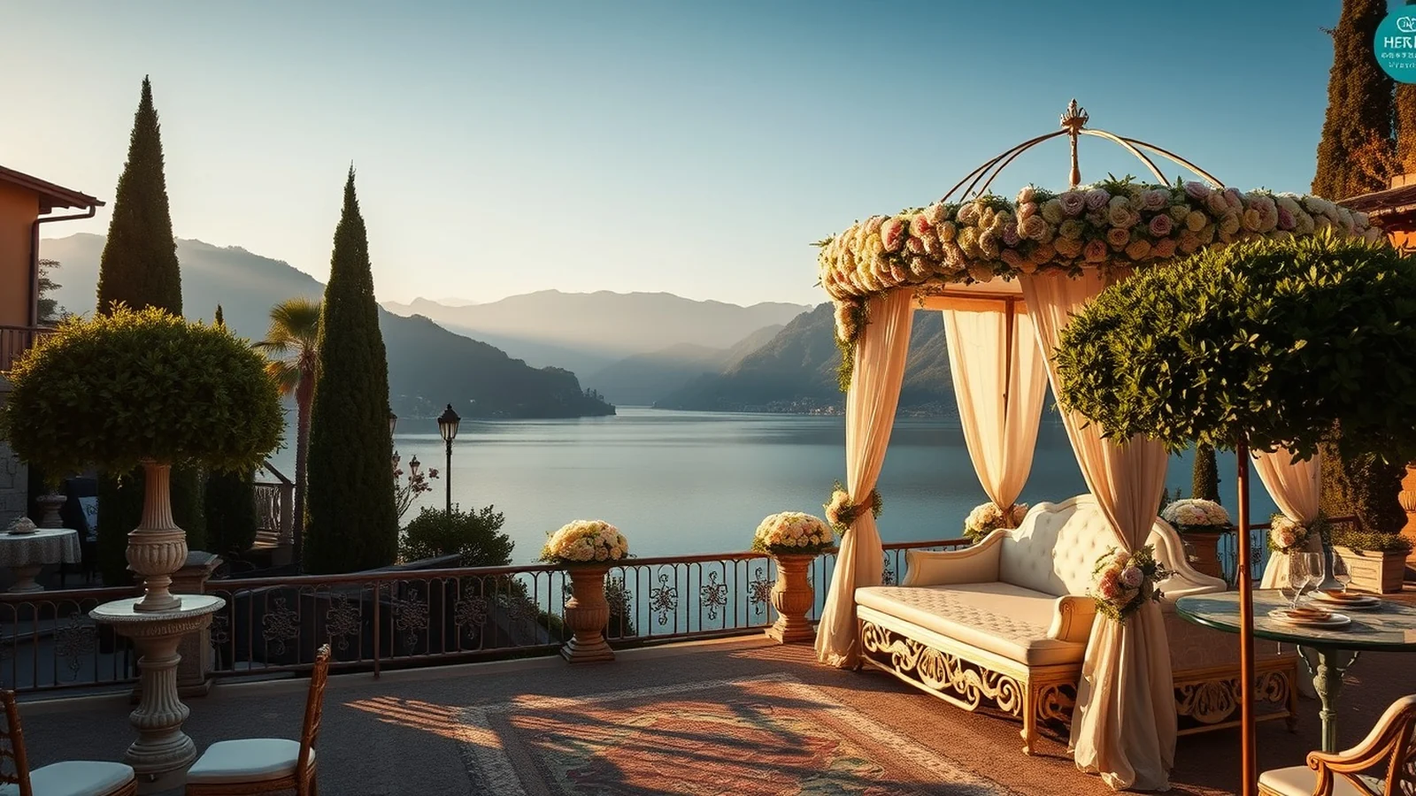 Lake Como Italy lakeside villa destination wedding mandap at golden hour
