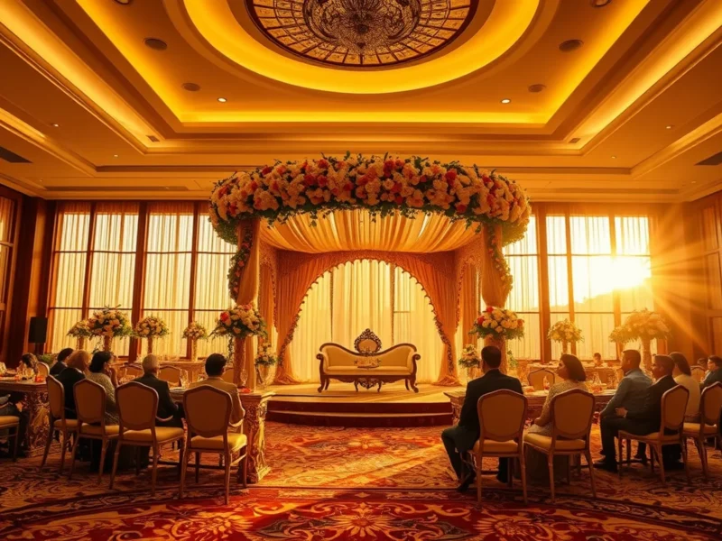 Grand Indian wedding in the ballroom at ITC Gardenia Bengaluru at golden hour