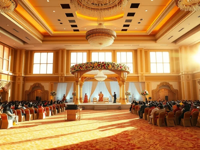 Grand Indian wedding in the ballroom at ITC Grand Chola Chennai at golden hour