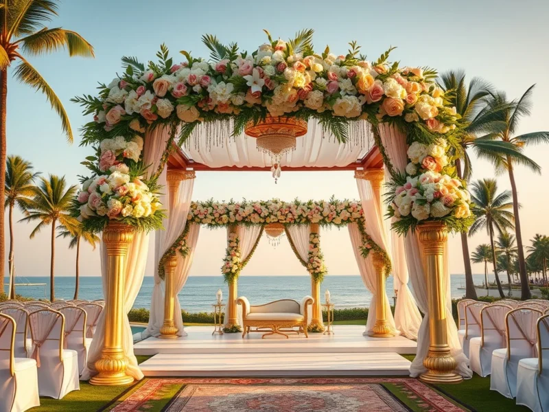 Luxury beach wedding on a lagoon-side lawn at ITC Grand Goa Resort and Spa at golden hour